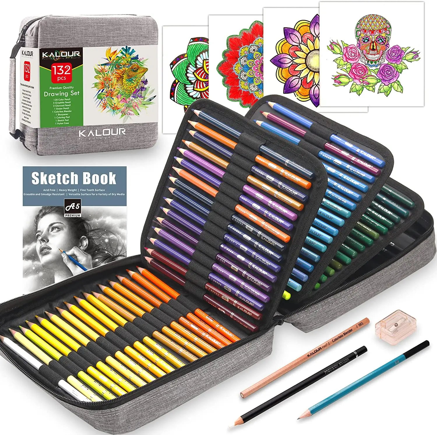 132 Colored Pencils Set,with Adult Coloring Book and Sketch Book,Artists Colorless Blender,Zipper Travel Case,Soft Core