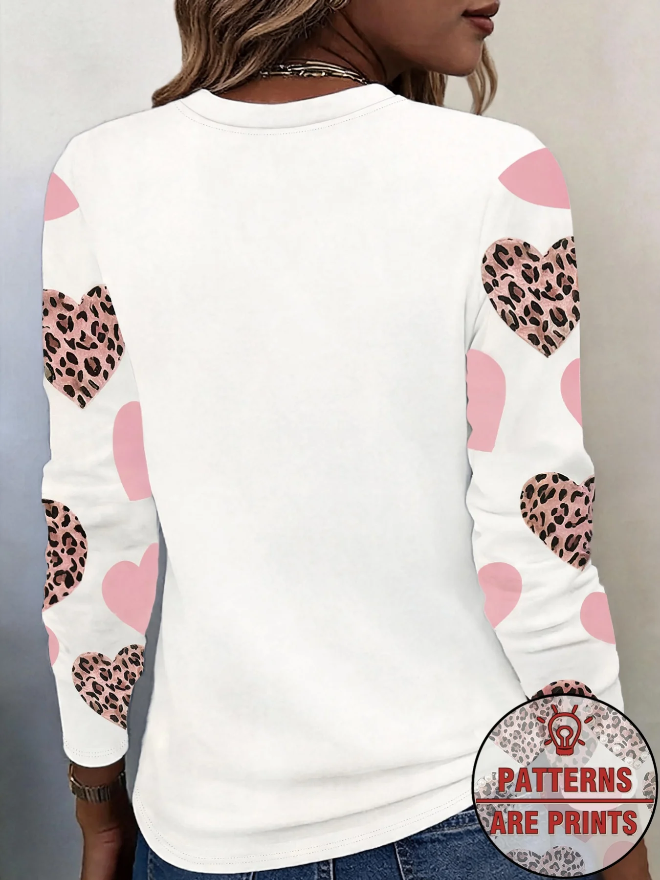 Women Long Sleeve Top Leopard Heart Mixed Print Crew Neck Autumn Festival Gift Casual Daily Wear Women's Clothes
