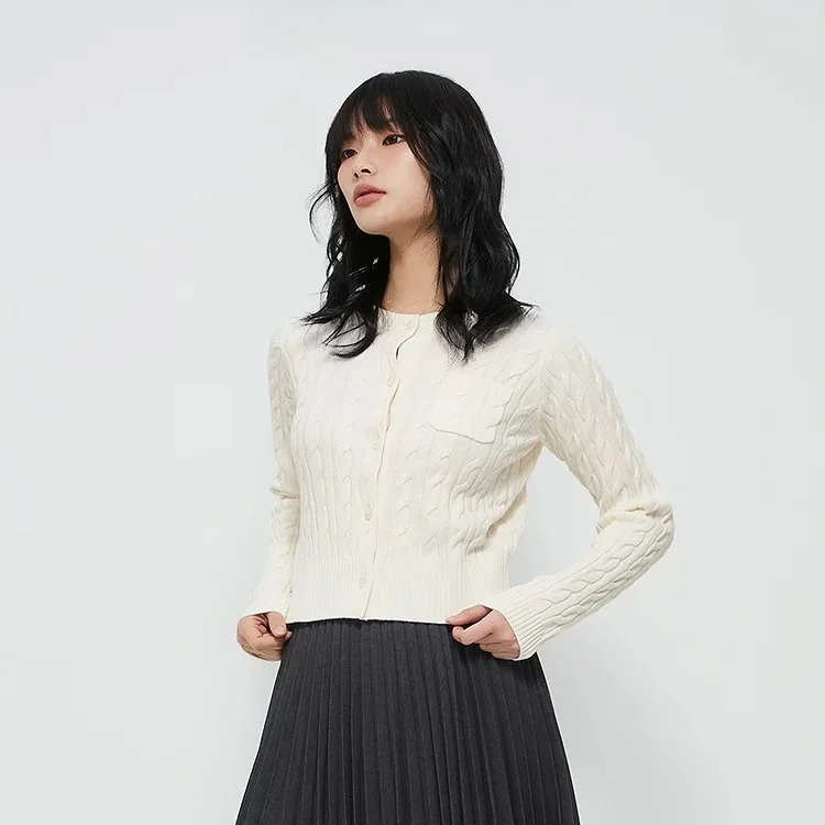 

Torowee Knitted Open Cardigan Simple Sle Flower Twist Women's Top Polyester Fiber Long Sve ort Length round Ne