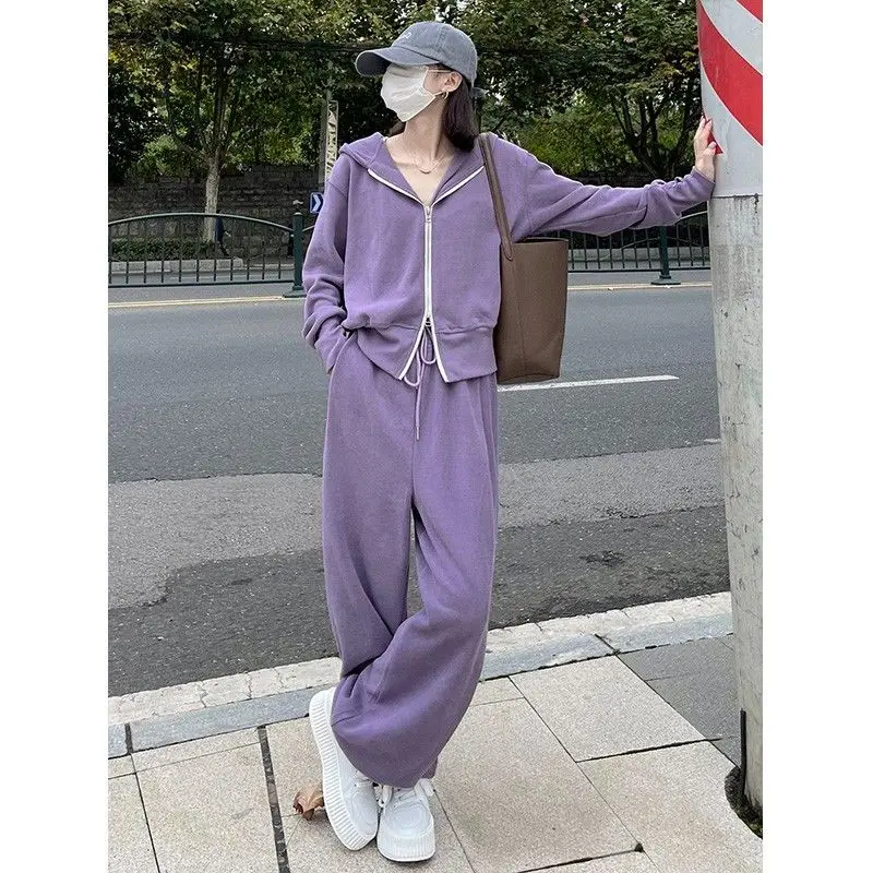 Women\'s Spring Autumn Sporty Style Purple Clothing Set Lady Casual Hooded Sweatshirts Coat Wide Leg Pants Outfits Tops Trousers