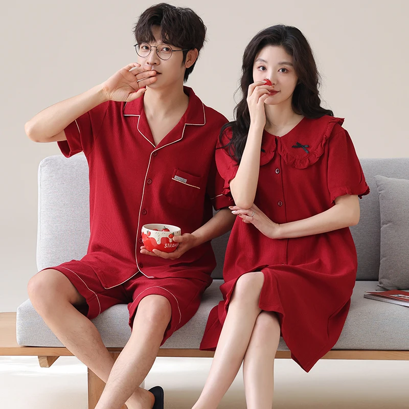 Lovers Dress for Men and Women Soft Modal Cotton Short Sleeve Shorts Cardigan Pyjamas Male Festive Red Nightgowns Dressing Gown