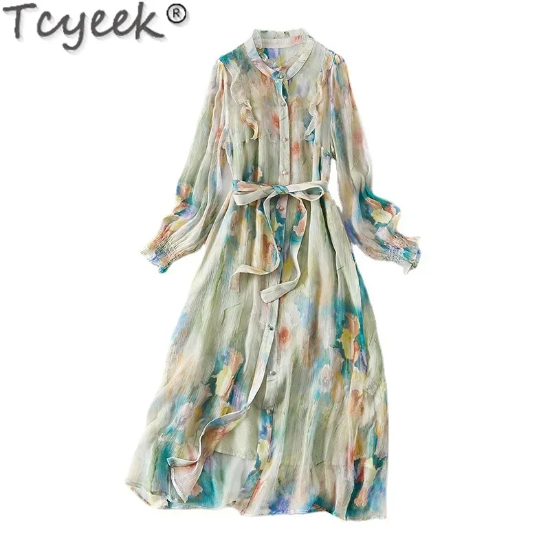 Dames Tcyeek Lente Zomer Print 100% Moerbei Echte Zijde Mode Strandjurken Womans Kleding Lange Mouw Латье