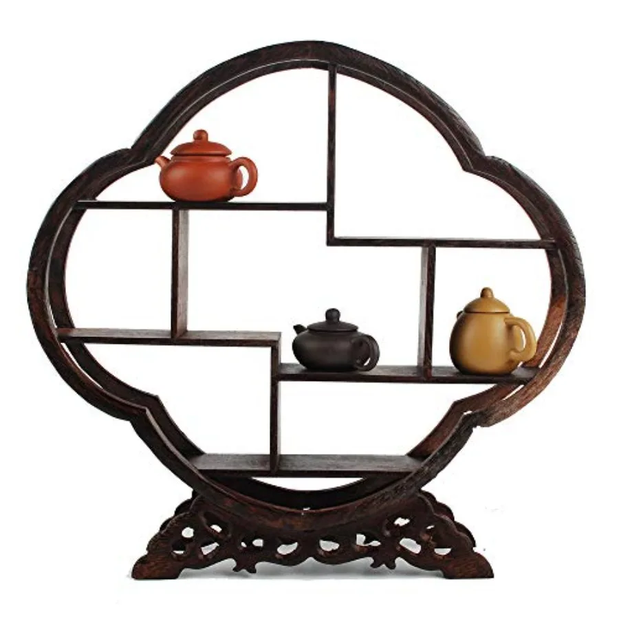 

Chinese Wooden Rosewood 11" Curio Cabinets Shelf+3PCS Mini Redware 2.5" Teacup Begonia