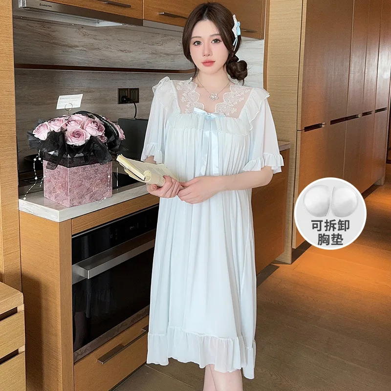 

Lace Ruffle Summer Nightgown with Chest Pad Court Style Pajamas Midi Dress Solid Mesh Thin Sleepwear Nightdress Loose Loungewear