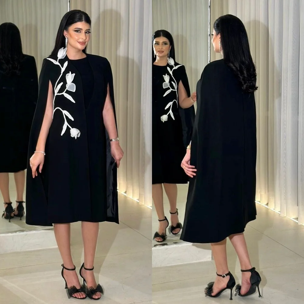 

Customized Jersey Applique Flowers O-Neck A-line Black Midi Dresses Bespoke Occasion Formal Evening Exquisite Party Gown