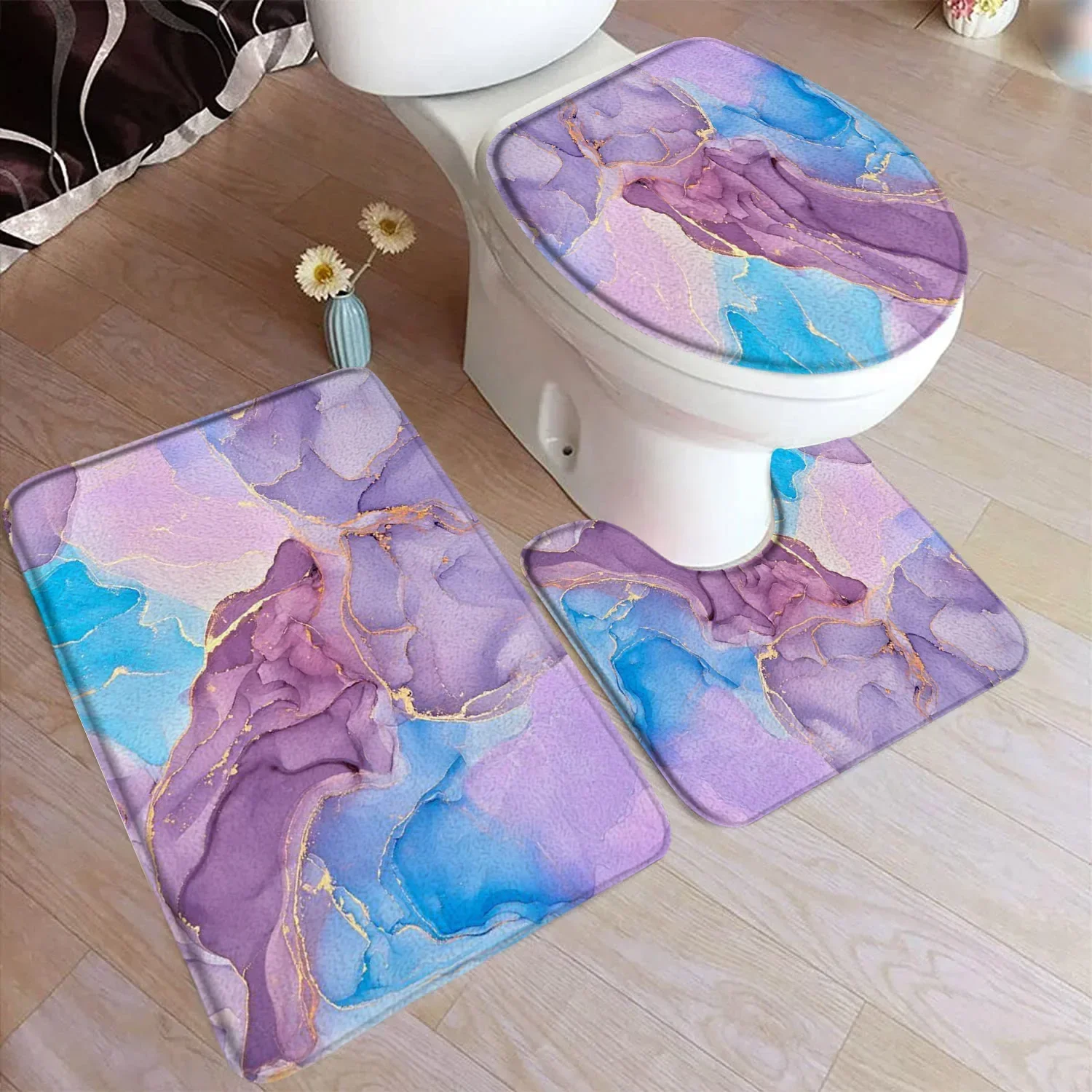 Abstract Marble Bath Mat Set Gold Textured Pattern Modern Geometric Black Carpet Home Bathroom Decor Floor Rugs Toilet Lid Cover