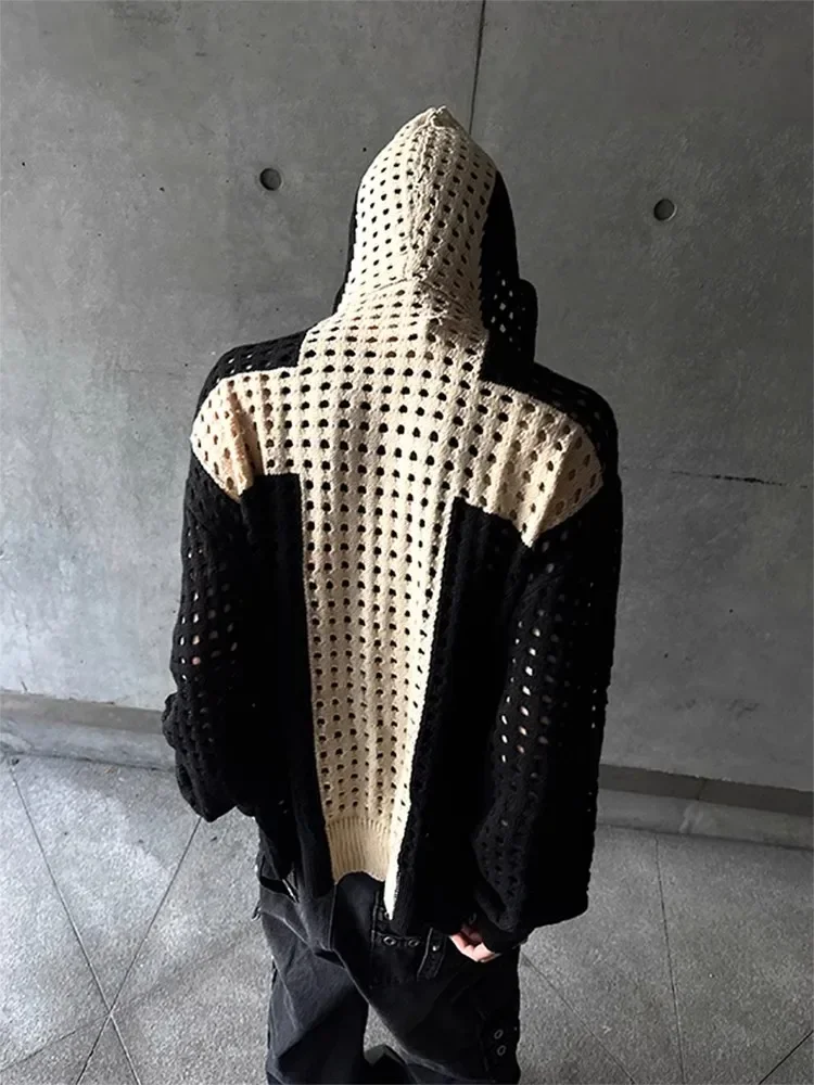 Mesh Hollow Hooded Knitted Sweater Hip Hop Cardigan Men