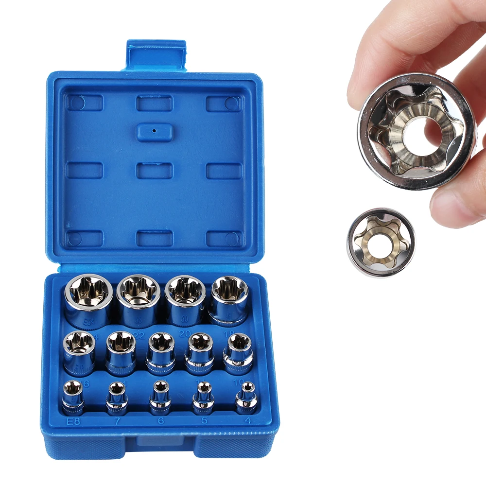 

14-Pieces Wrench Head with a Case Auto Repair Tools External Torx Socket Set E4-E24 Female E Torx Socket Set Star Socket Set