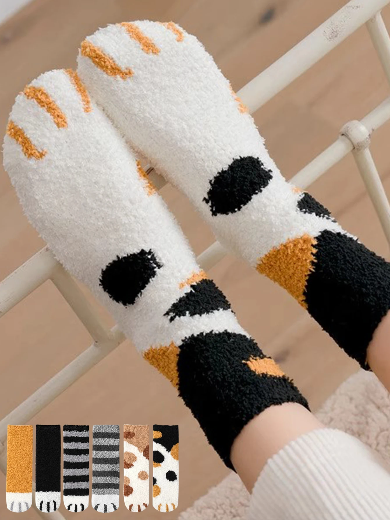 5 Pairs Women Winter Warm Fluffy Socks Cute Animal Claw Cat Paw Footprint Fuzzy Socks Female Thick Coral Fleece Home Floor Sleep