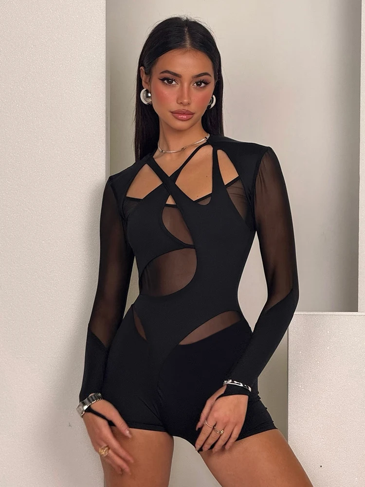 Strano Puss Hollow Cross Pagliaccetto Donna Sexy Coquette Maglia di mezzanotte Patchwork Irregolare Manica intera Stretch Skinny Club Tutina