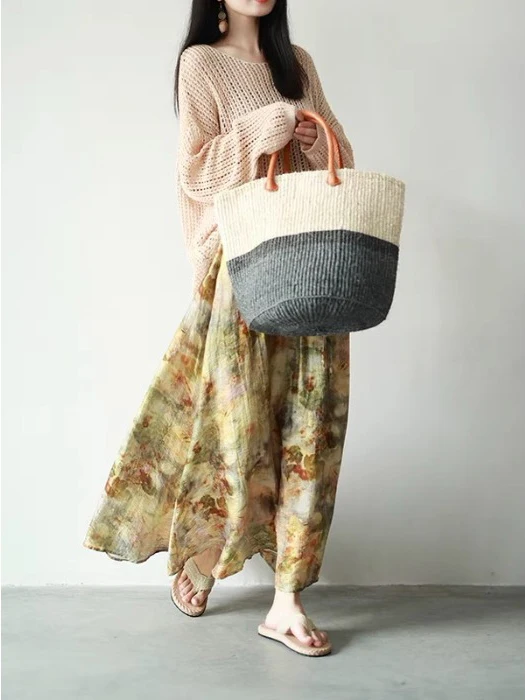 Elegant Plant Imitation Printing Maxi Skirt with Drawstring Elastic Waist Slimming Floral A-Line Skirt for plus Size Women image 4