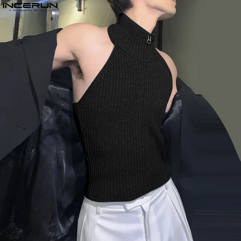 INCERUN Tops 2025 Korean Style Fashion Men's Knitted Texture Hanging Neck Design Vests Casual Streetwear Solid Zipper Tank Tops