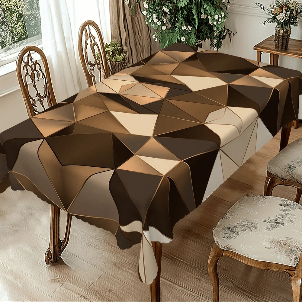 1pc Brown-toned Geometric Tablecloth (Round / Rectangle / Square), with Brown-White Geometric Patchwork Pattern,kdj