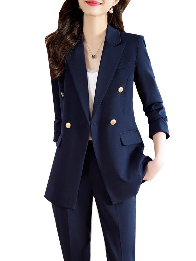 

Gray Black Blue Fashion Women Pant Suit Ladies Female Blazer and Trouser Formal 2 Piece Set For Autumn Winter