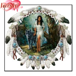 5D DIY Indian woman and wolf, Indian feathers Round Drill Diamond Painting Cross Stitch 3D Diamond Art Embroidery Decor Gift