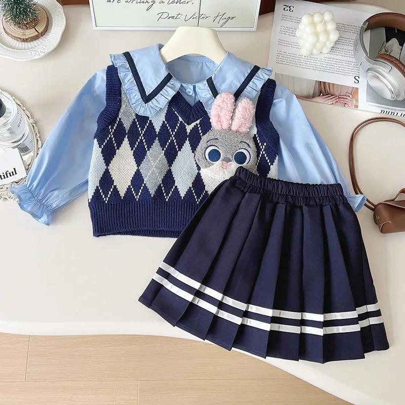 Girls' preppy stylejkThree-Piece Suit2024Autumn New Children's Western Style Girl's Shirt Vest Pleated Suit Skirt