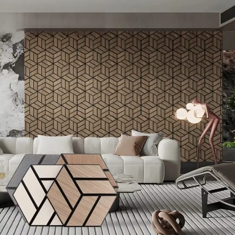Self Adhesive Acoustic Wall Stickers Hexagonal Wood Grain 3D Groove Soundproof Wall Panels For Bedroom Background Wall Decor