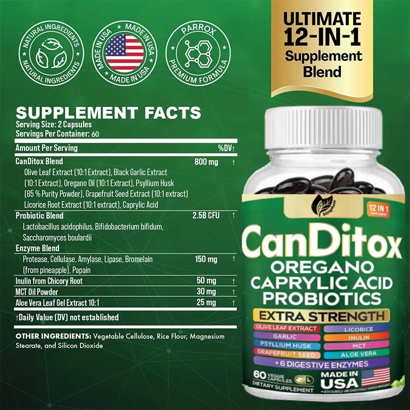 Oregonia, Caprylic Acid, Garlic, Psyllium Husks, Licorice, Probiotics, Aloe Vera, Grapefruit Seeds, Bromelain, 60 Capsules