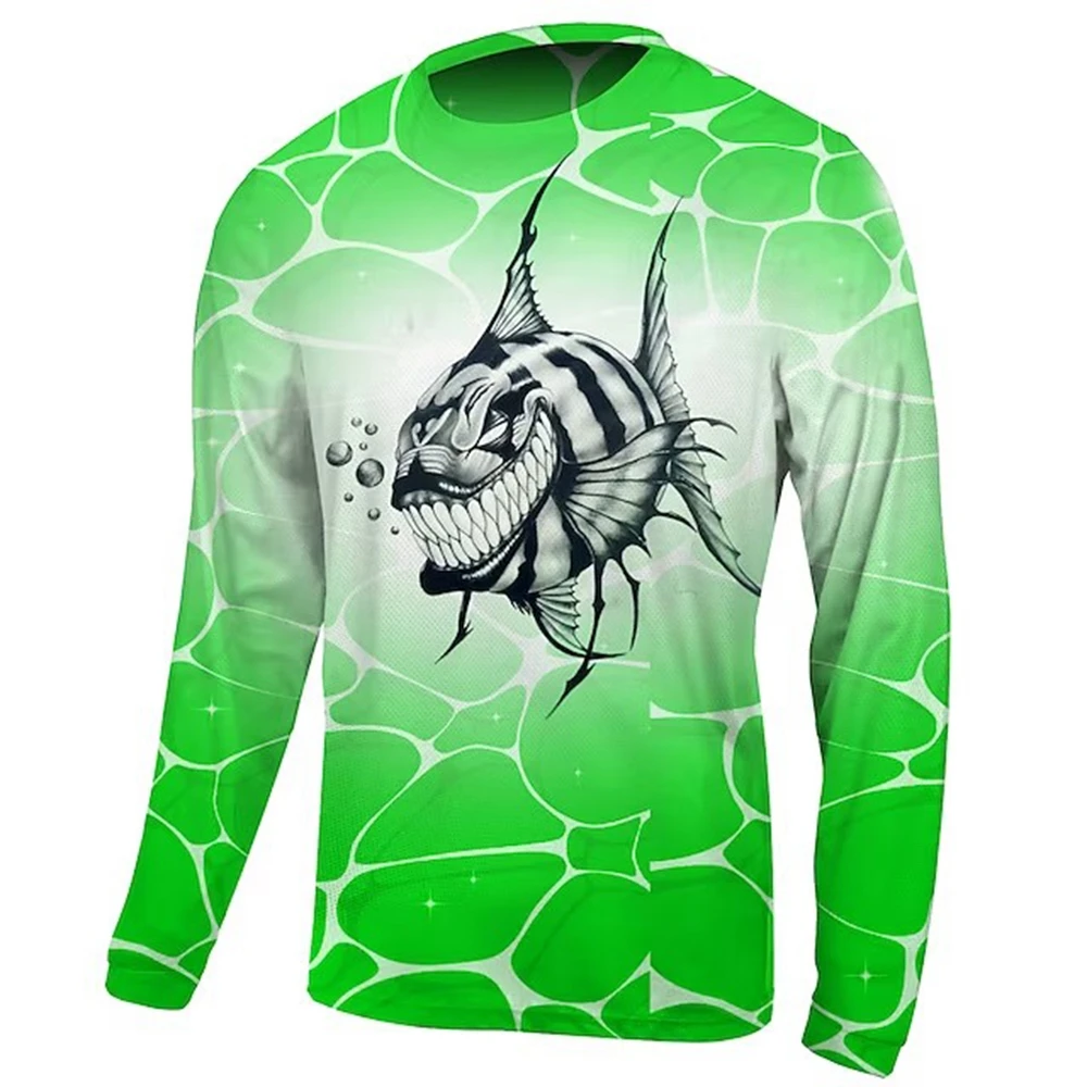 Men's Fishing Shirt Long Sleeve Piranha Sea Wave Print Outdoor Tops Running Training Breathable O Neck T-Shirt Fishing Clothing