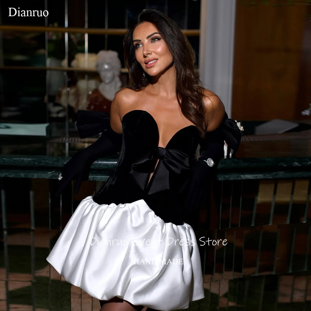 

Dianruo Vintage Contrast Color Bow Prom Dress A Line Puffy Cocktail Dresses Velvet Black & White Homecoming Dressess Customized