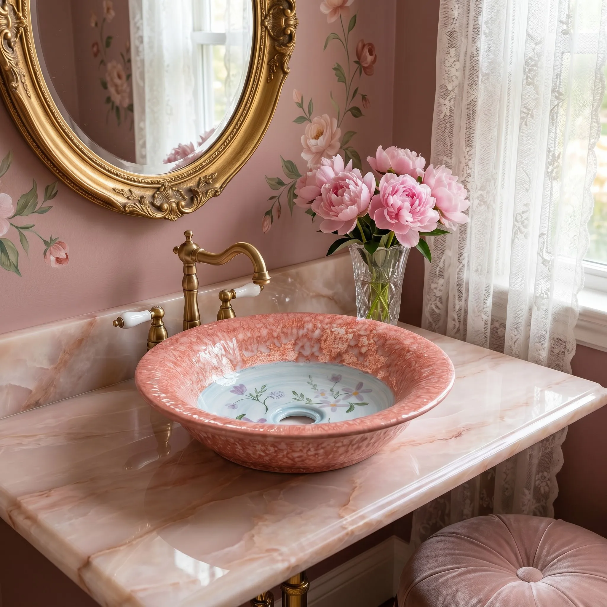 R*# Light Luxury High-End Modern Hand-Painted Ceramic Art Basin with Floral Effect Water Resistant Countertop Sink with Drainer
