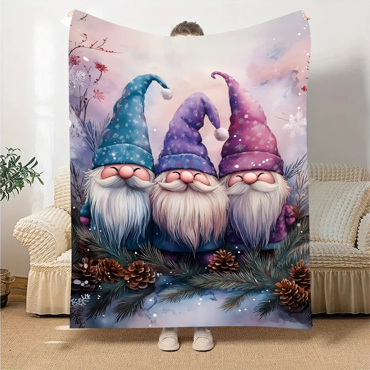 

1pc Print Flannel Blanket Gnome Pattern Soft Cozy All-Season Throw for Sofa Bed Office Camping Gift for Any Cute Blanket