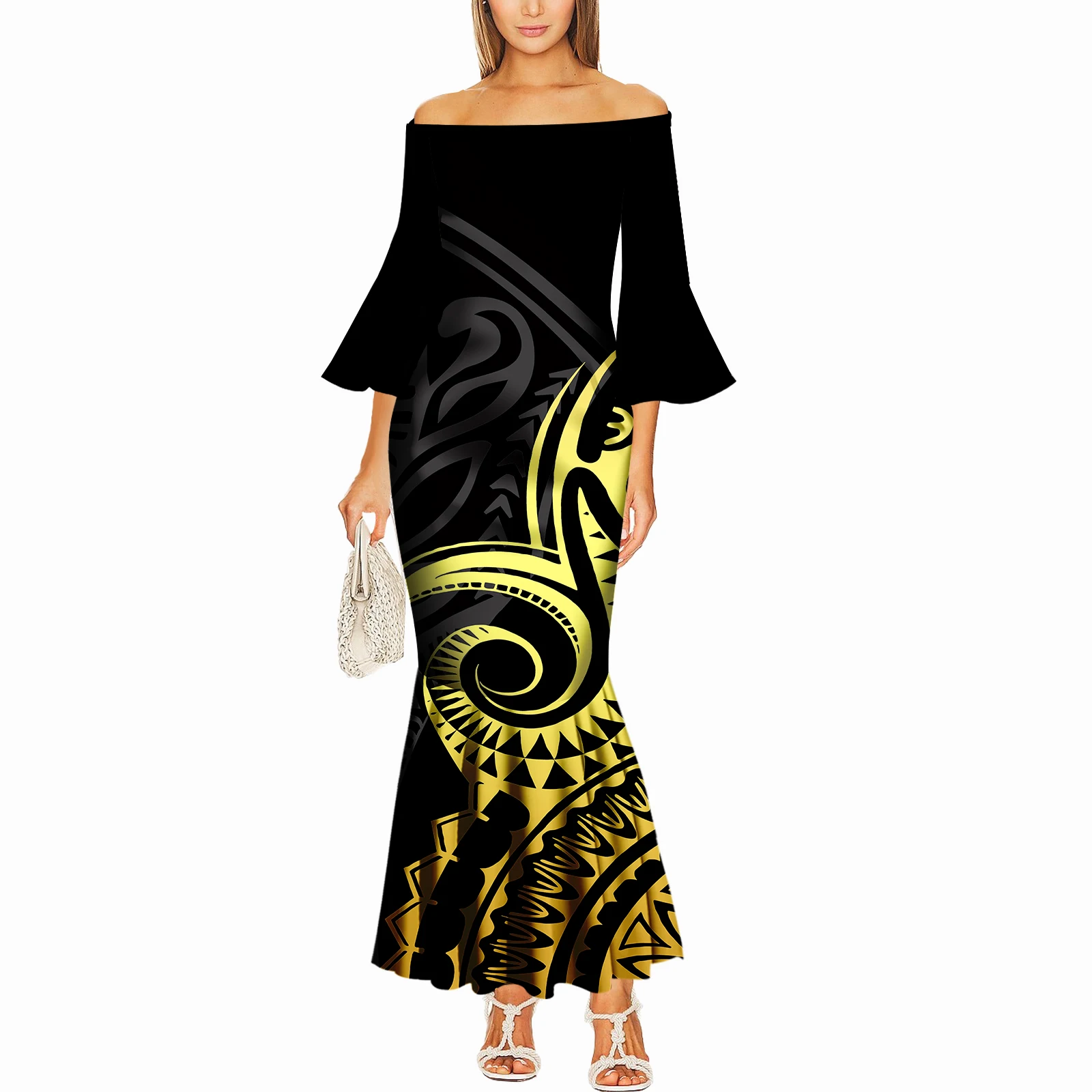 فستان صيفي بكتف واحد وأكمام واسعة على شكل جزيرة بولينيزية للنساء تصميم صديق للبشرة طويل مثير مصنوع حسب الطلب فستان ذيل السمكة النحيف #1