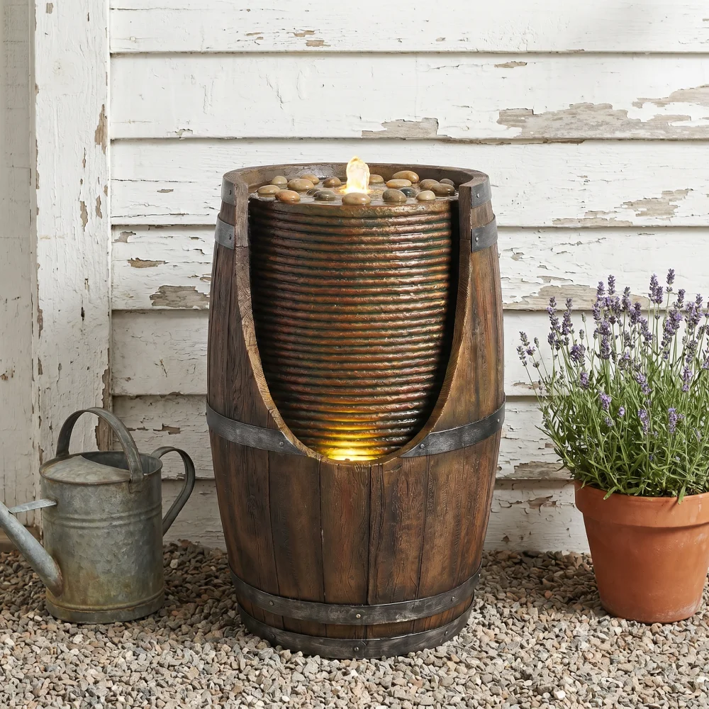 Handcrafted Resin Barrel Water Fountain Rustic Wood Appearance with Built-in Lights, Relaxing Cascading Water Feature for Outdoor Patio Yard Porch Garden Decor