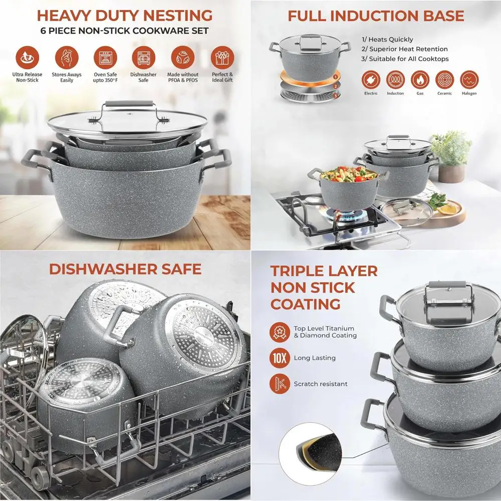 

6-Piece Nonstick Cookware Set with Stackable Pots, 5qt, 3qt, 1.5qt, Dishwasher Safe, Toxin-Free, Cool Handles