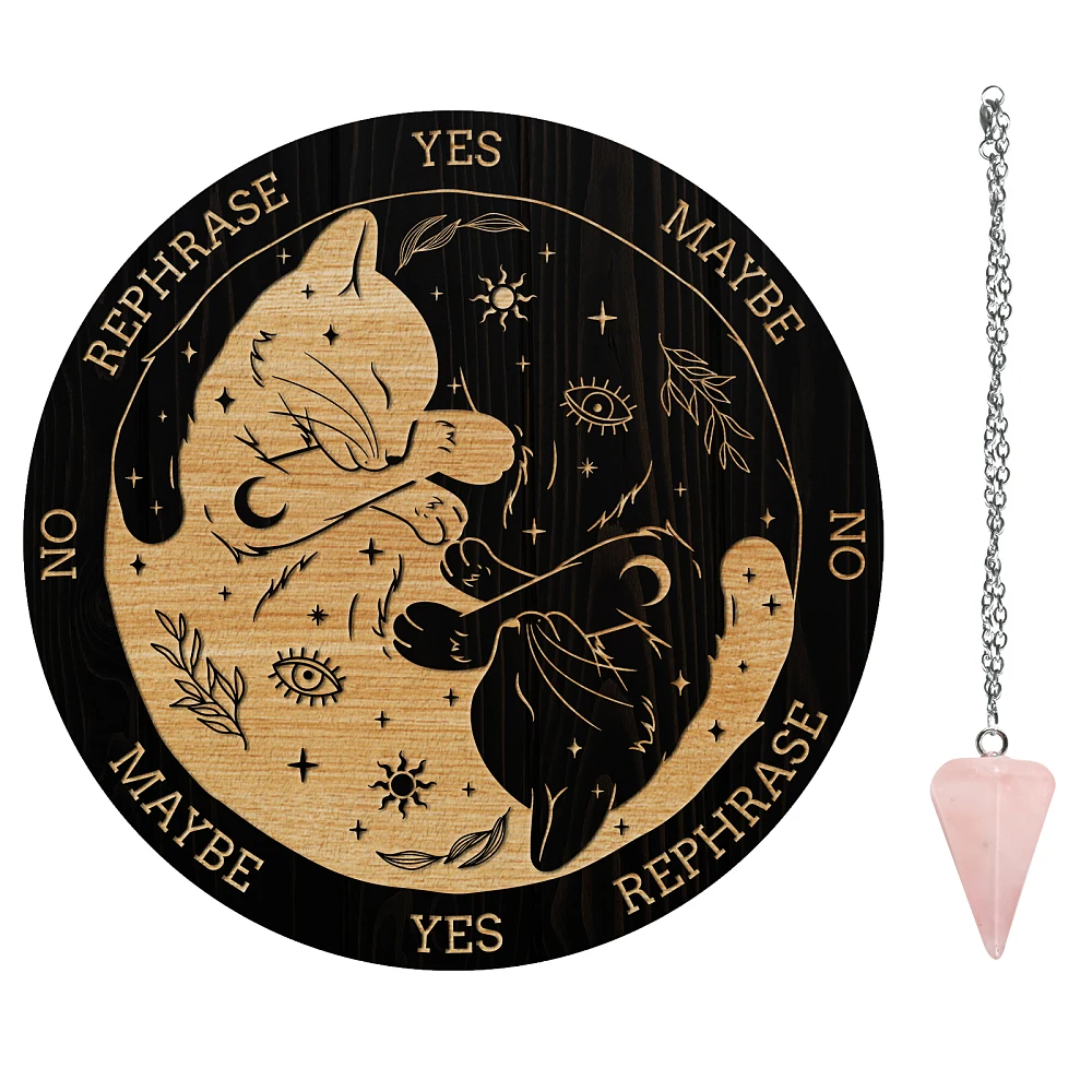 Pendulum Board Set Dowsing Divination Board Metaphysical Message Board with Pendulum Necklace for Supplies Kit Cat Sun Moon