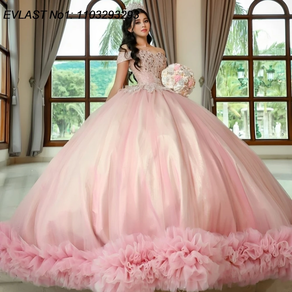 EVLAST Customized Shiny Pink Quinceanera Dress Ball Gown Applique Beaded Crystal Ruffles Train Sweet 16 Vestido De 15 Anos E1Q64