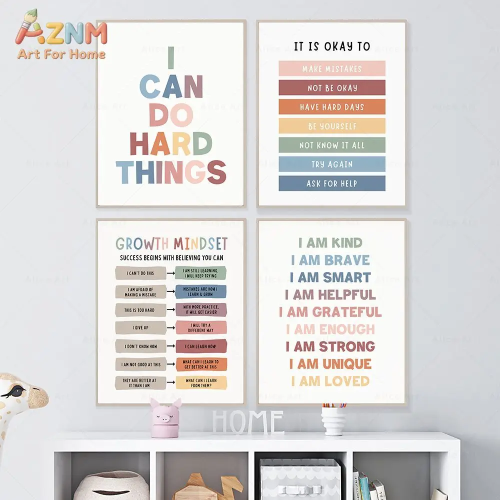 AZNM Growth Mindset Canvas Wall Art Positive Affirmation Inspirational Quote Print Frameless Canvas Painting Kids Playroom Class