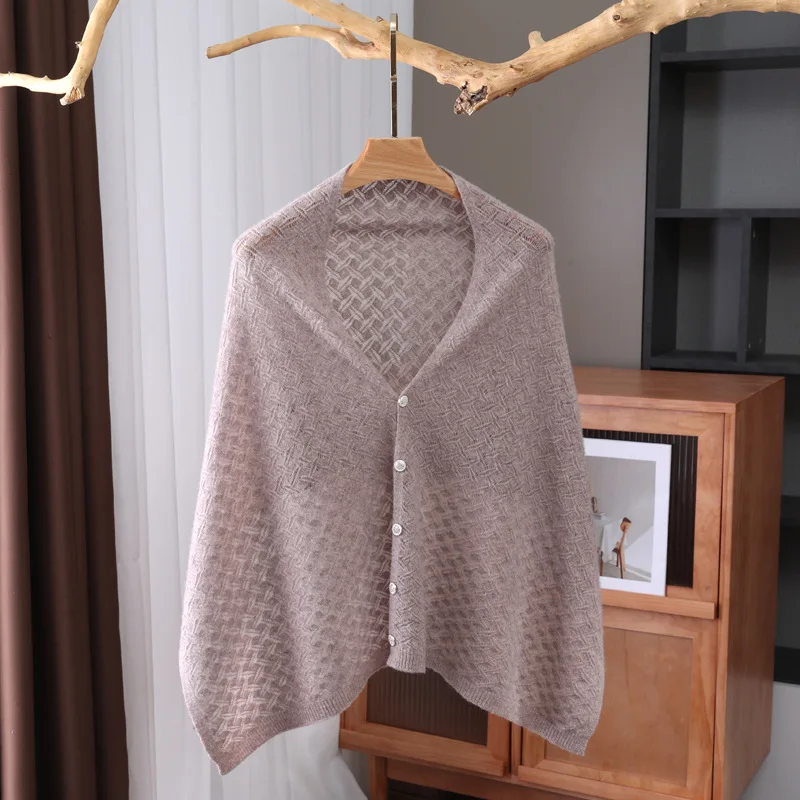 

Ladies 100% Wool Hollow Thin Scarf Dual-Use Knitted Shawl Cardigan Shoulder Protection Air Conditioning External Cloak