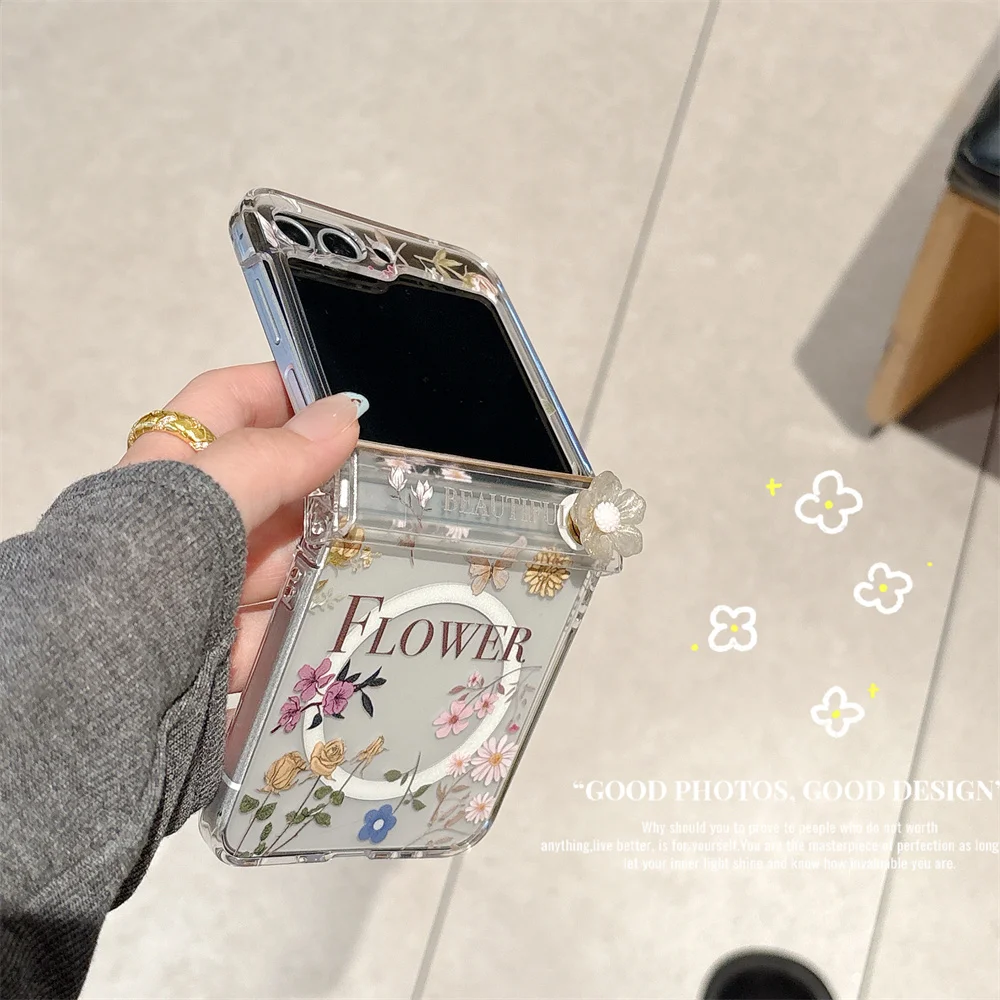 Koreańskie etui na telefon z zawiasem w kształcie uroczego motyla i kwiatów, odpowiednie do Samsung Z Flip7 6 5 4 3, z uchwytem dla wersji damskiej