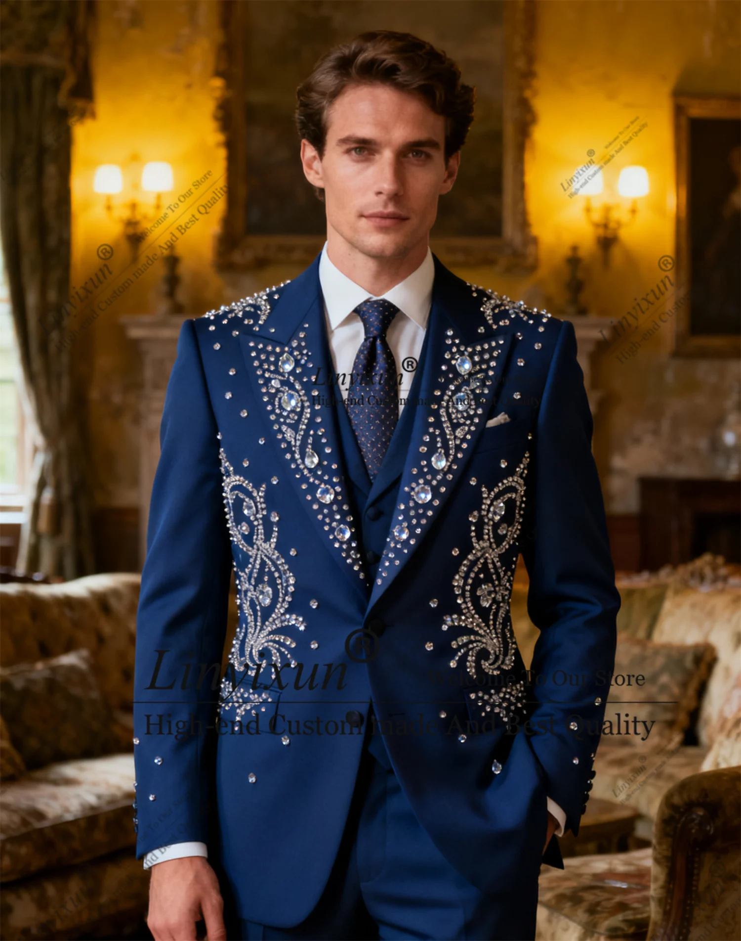 

Красивые мужские костюмы со стразами и бриллиантами по индивидуальному заказу, облегающие свадебные смокинги, комплекты из 3 предметов, мужские пиджаки для жениха, на день рождения, Ropa hombre