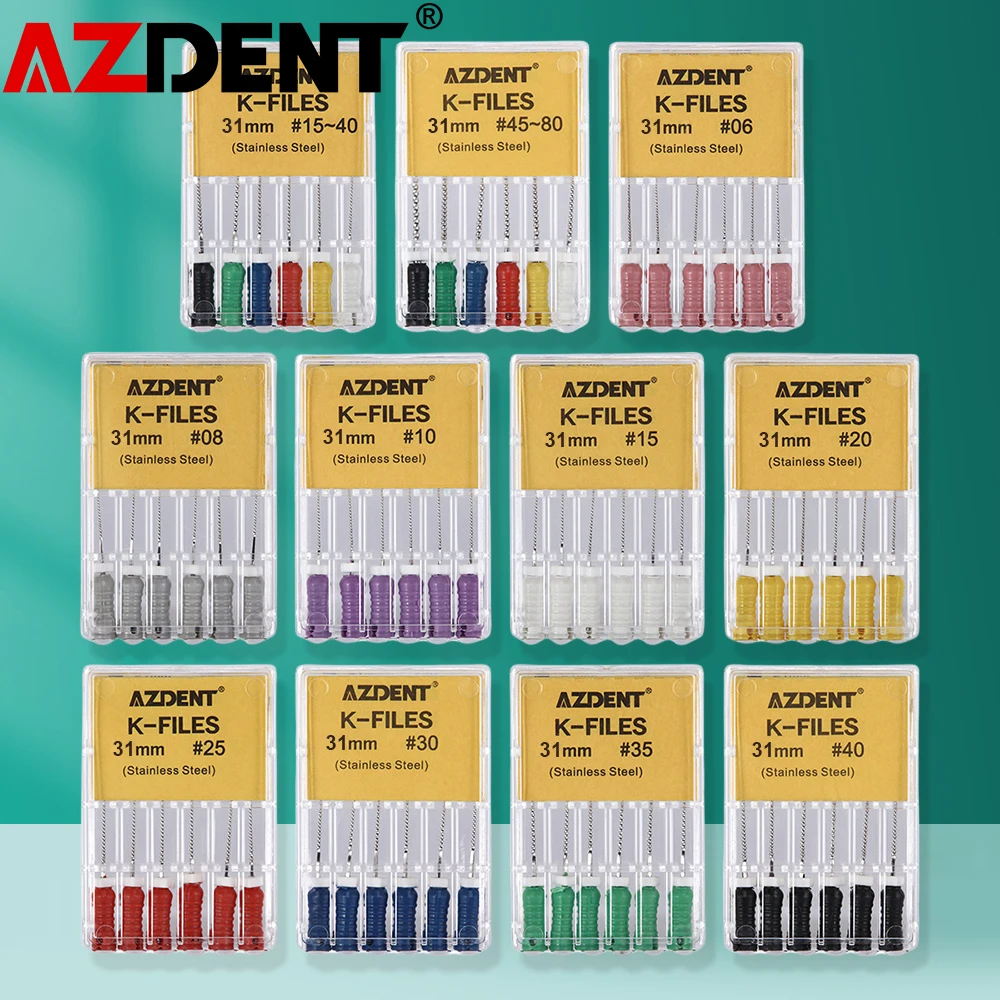 6Pcs/Pack AZDENT Dental Hand Use K-Files 21mm/25mm/31mm Stainless Steel Endodontic Root Canal Files Dentist Tools Dental Files