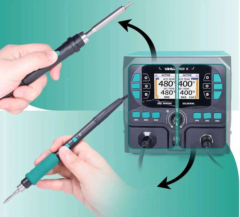 

YIHUA 992D-II Digital Soldering Station with Hot Air Rework, 110V-240V, 3 Temp Memory, for SOIC QFP BGA SMD Components