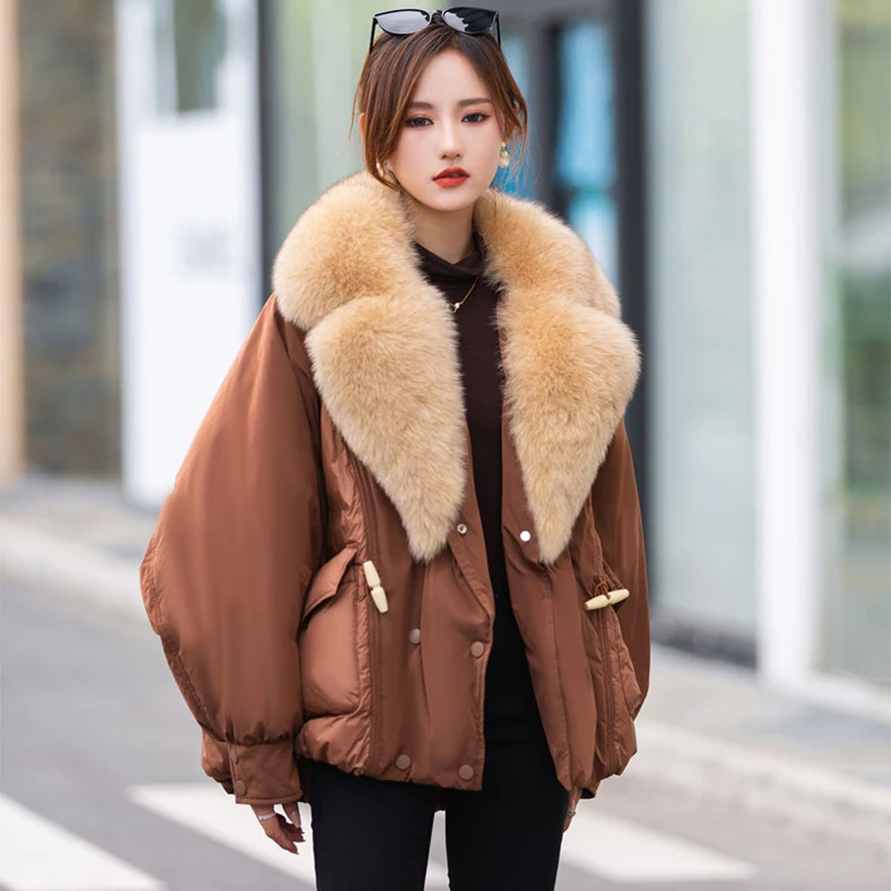 2023 Down Jacket Women's Removable Fox Fur Collar Medium Length Casual Loose Drawstring Big Pocket Warm Real Fur Coat Female