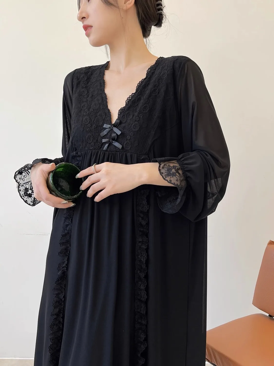 

Long-sleeved Mesh Nightgown for Women Spring Summer Lace Princess Style Pajamas Loose V-neck Home Wear Sleepwear Basic Women‘s