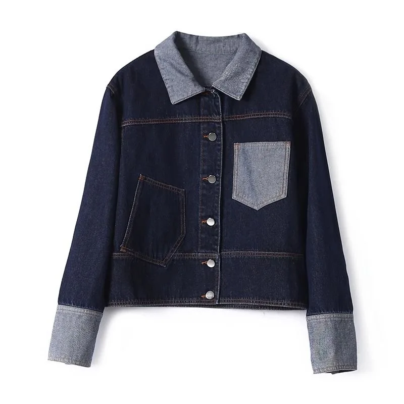 Hong Kong style retro contrasting collar denim jacket for women with a loose and casual style, versatile short cardigan top