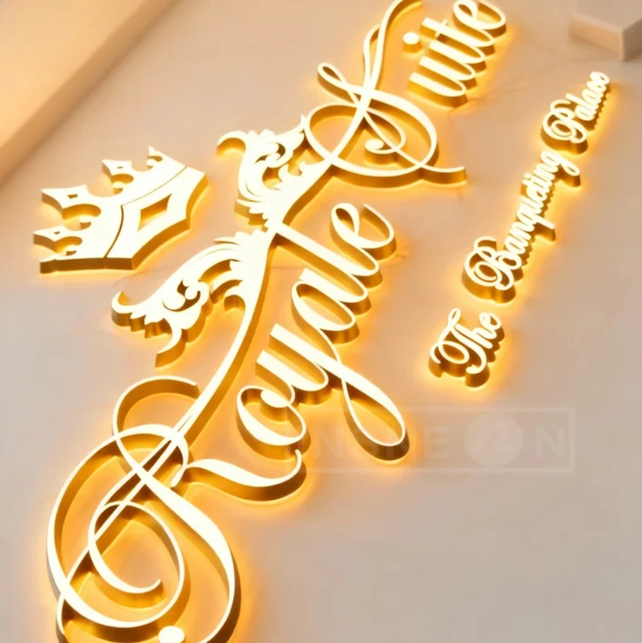 علامة باب الشقة شعار شخصي الذهب معدن الخلفية للجدار مكتب الجمال الأعمال الإعلان 3D صالون اسم Led النيون بار