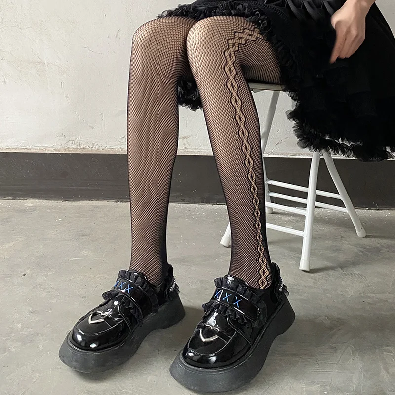 Women Girls Goth Punk Sexy Lolita Fishnet Pantyhose Stockings Harajuku Rhombus Hollow out Pattern Tights Mesh Socks Leggings