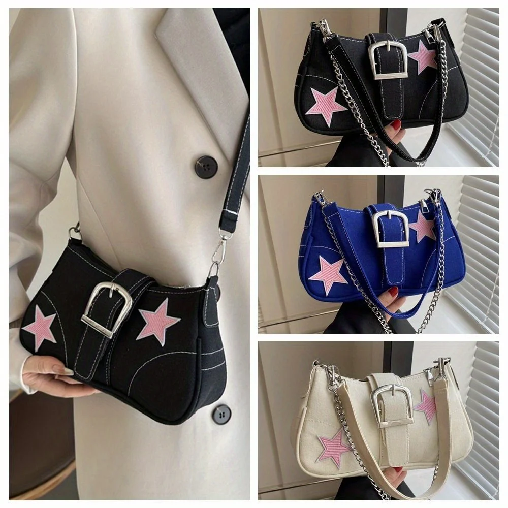 

Y2K Star Patch Decor Shoulder Bag, Trendy Chain Crescent Bag, Kawaii Fashion Handbag For Women