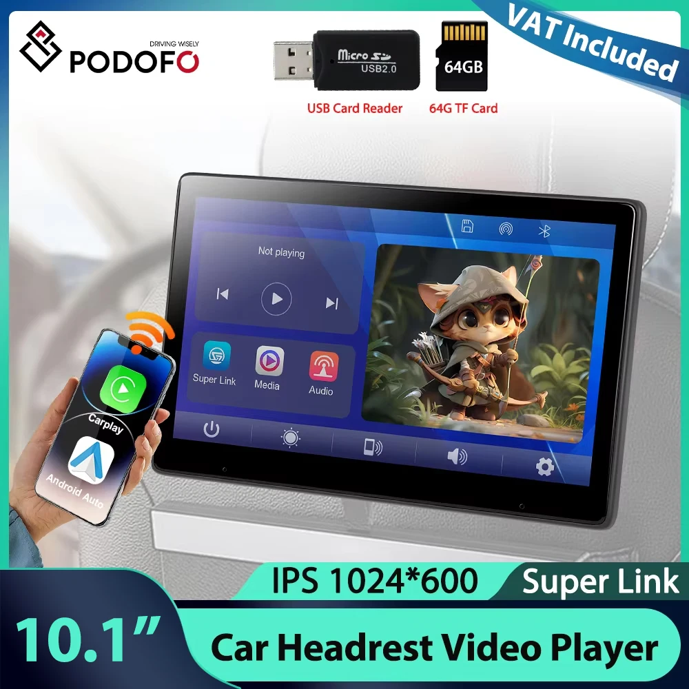 Écran d'appui-tête Podofo 9''/10.1'' 64G, lecteur vidéo pour appui-tête de voiture, Carplay, Android Auto, Bluetooth, commande vocale, lecteur d'écran intelligent 1
