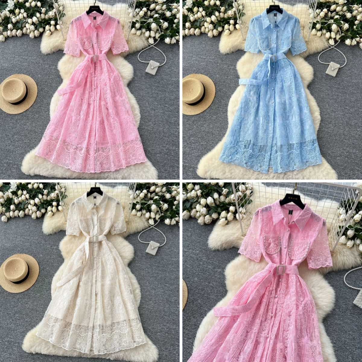 

Single Breasted Dress Women Pearls Turn Down Collar Long Dresses Casual Belt Wedding Short Sleeve Pockets Vestidos Party Summer