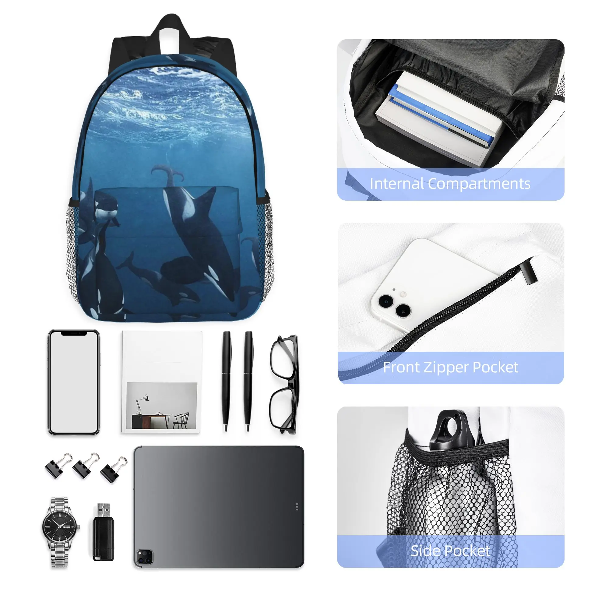 Bule Orca Whale Family Swimming In Sea Backpack Hot Sale Daypack Boys Girls BookBag Shoulder Bags for Men Women School Bag