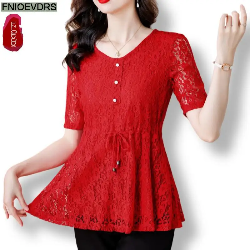 Hollow Out Black Lace Peplum Tops Blouses 2024 Summer Short Sleeve New Design Purple Red Drawstring Waist Office Lady Shirts