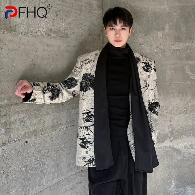 PFHQ Men's Suit Jacket New Chinese Style Casual Priting Shawl Design Tops Collarless Buttonless Loose Male Blazer Stylish 9C8050