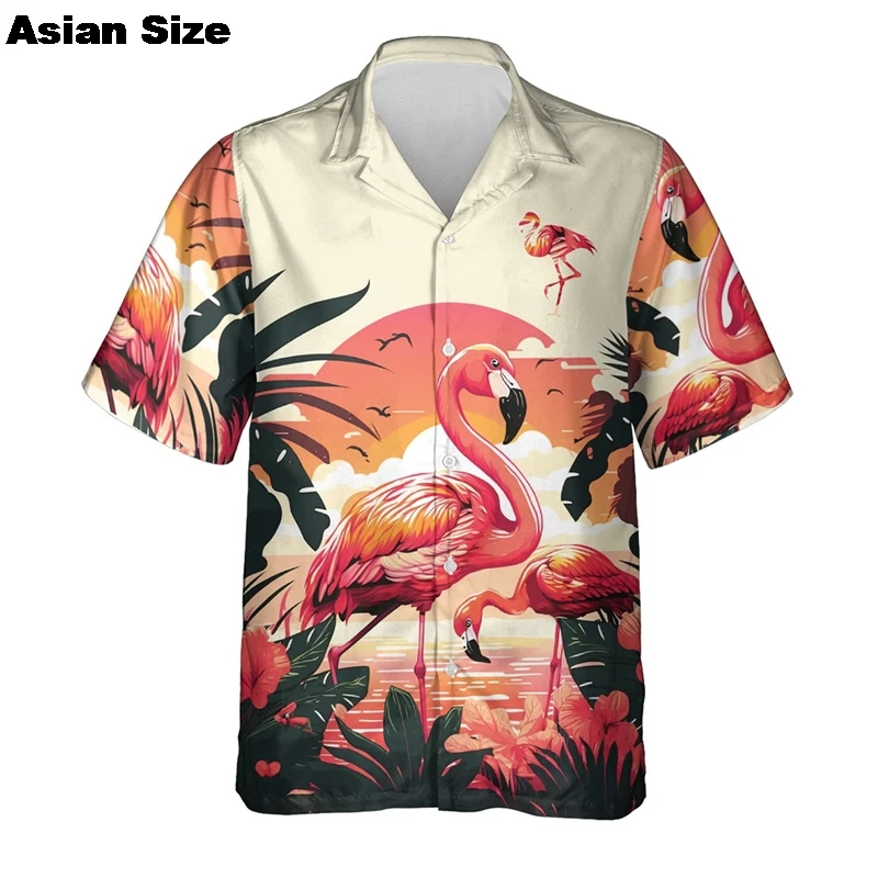 

Hip Hop Hawaiian Flamingo 3D Printed Beach Shirts Aloha Animal Short Sleeve Vacation Women Lapel Blouse Fashion Button Y2k Tops