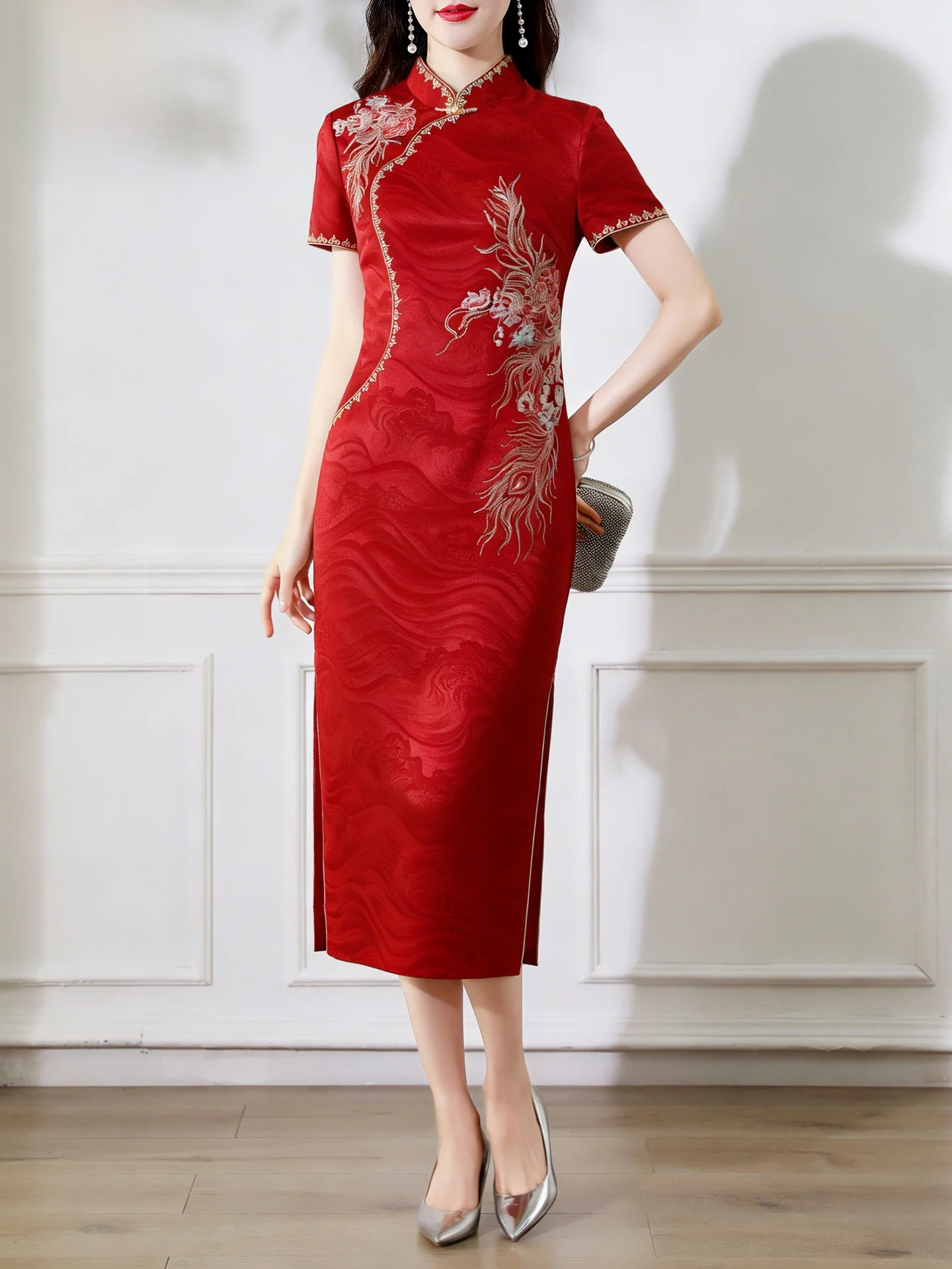 

Ele Red New Chinese Sle Dr for Women Mommy Wedding Celebration Dr Cotail Dr Evening Dr